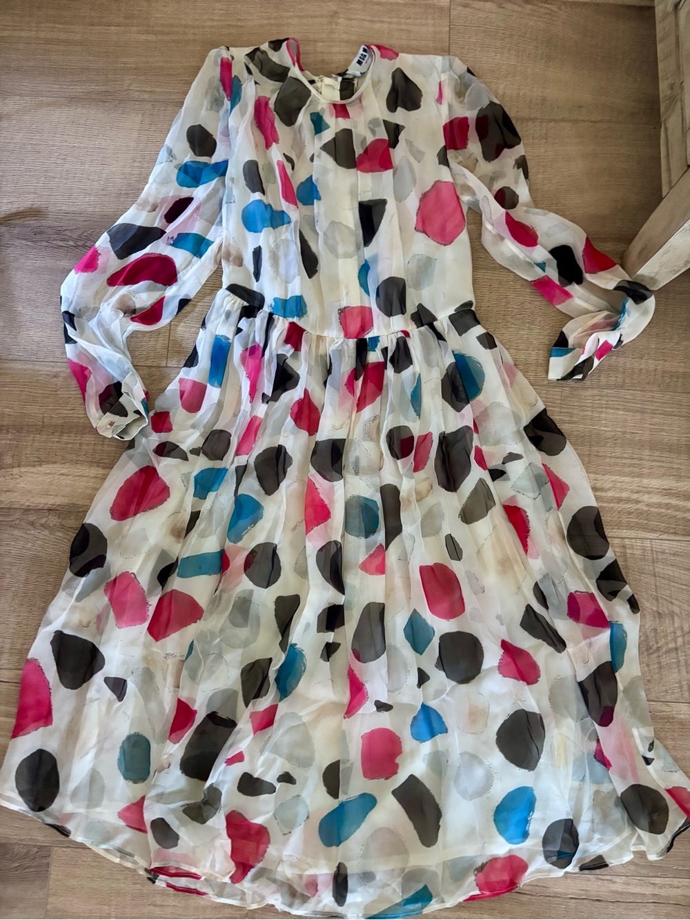 MSGM silk and Chiffon Dress with red, Blue, tan & Gray Polka Dots Sz 8/10